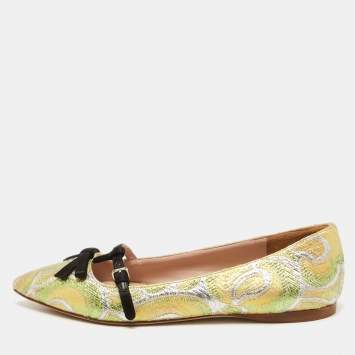 Pre Owned Miu Miu Multicolor Brocade Fabric And Satin Trim Giada Bow Pointed Toe Ballet Flats Size 37.5