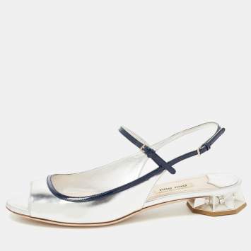 Pre Owned Miu Miu Silver/Navy Blue Leather Slingback Sandals Size 38.5