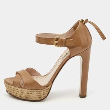 Pre Owned Miu Miu Brown Patent Leather Ankle Strap Platform Sandals Size 35.5