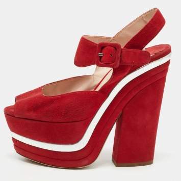 Pre Owned Miu Miu Red Suede Platform Ankle Strap Sandals Size 36