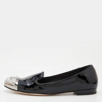 Pre Owned Miu Miu Black Patent Leather Crystal Embellished Cap Toe Smoking Slippers Size 35