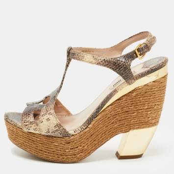 Pre Owned Miu Miu Brown/Beige Python Embossed Leather Ankle Strap Sandals Size 39