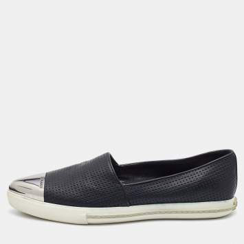 Pre Owned Miu Miu Black Leather Metal Cap-Toe Slip-On Sneakers Size 40.5