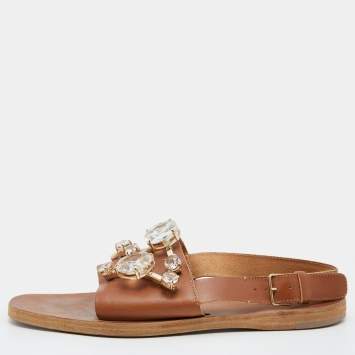 Pre Owned Miu Miu Tan Leather Slingback Flat Sandals Size 37