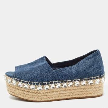 Pre Owned Miu Miu Blue Denim Crystal Embellished Platform Peep Toe Espadrilles Size 35