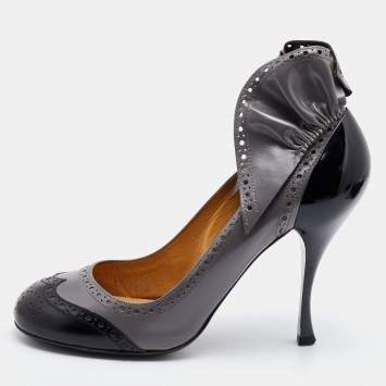 Pre Owned Miu Miu Grey/Black Patent Leather Brogue Platform Pumps Size 38
