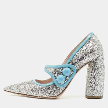 Pre Owned Miu Miu Silver/Blue Coarse Glitter and Patent Leather Mary Jane Pumps Size 40