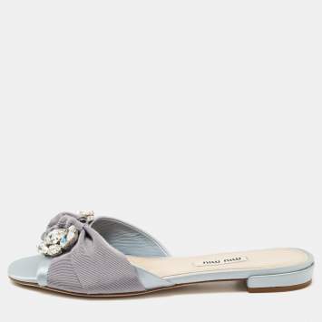 Pre Owned Miu Miu Grey Satin Crystal Embellished Flat Slides Size 36  