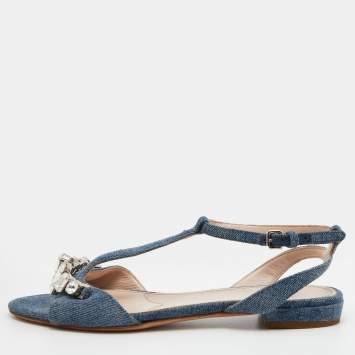 Pre Owned Miu Miu Blue Denim Crystal Embellished Ankle Strap Flats Size 35.5