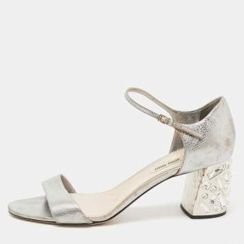 Pre Owned Miu Miu Silver Leather Crystal Heel Ankle Strap Sandals Size 40.5