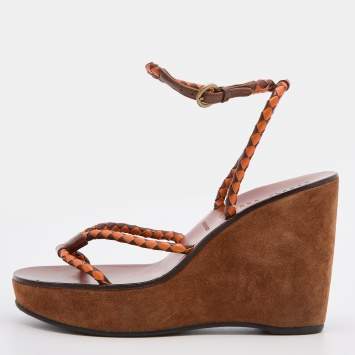 Pre Owned Miu Miu Brown/Orange Leather Strappy Wedge Sandals Size 38