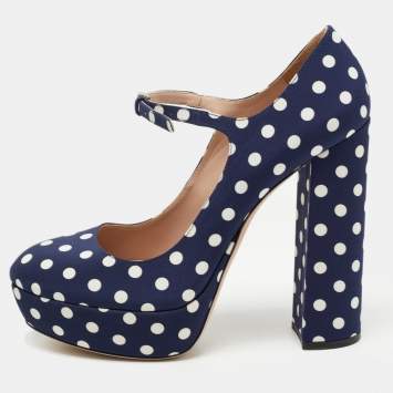 Pre Owned Miu Miu Navy Blue/White Canvas Polka Dot Platform Pumps Size 39.5