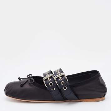 Pre Owned Miu Miu Black Leather Double Buckle Lace Up Ballet Flats Size 38