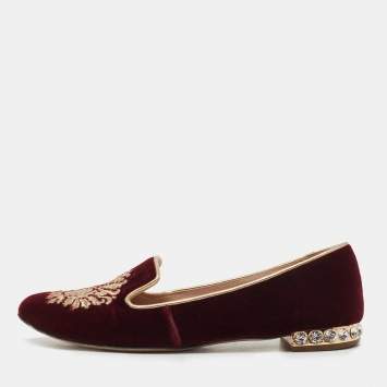 Pre Owned Miu Miu Burgundy Velvet Crest Embroidered Smoking Slippers Size 35.5