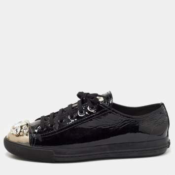 Pre Owned Miu Miu Black Patent Leather Crystal Embellished Cap Toe Low Top Sneakers Size 41