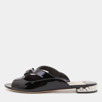 Pre Owned Miu Miu Black Patent Leather Crystal Embellished Flat Slides Size 40
