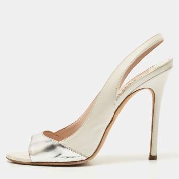 Pre Owned Miu Miu Metallic Silver/White  Leather Slingback Peep Toe Sandals Size 38.5