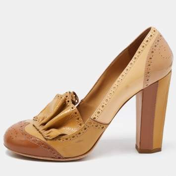 Pre Owned Miu Miu Tricolor Brogue Patent Leather Ruffle Pumps Size 40.5