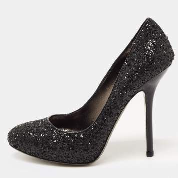 Pre Owned Miu Miu Black Glitter Round Toe Pumps Size 38