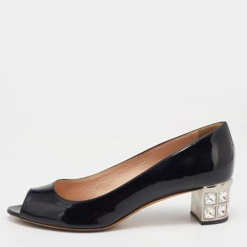 Pre Owned Miu Miu Black Patent Leather Crystal Embellished Block Heel Peep Toe Pumps Size 37