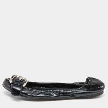 Pre Owned Miu Miu Black Patent Leather Scrunch Buckle Ballet Flats Size 38.5