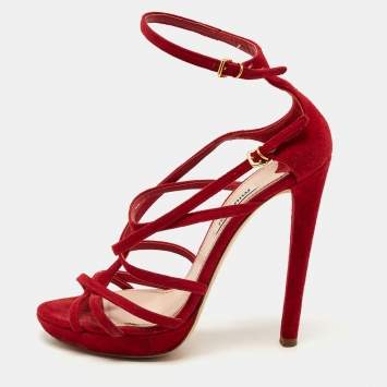 Pre Owned Miu Miu Red Suede Strappy Platform Sandals Size 36