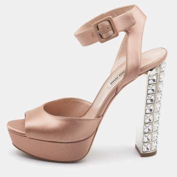 Pre Owned Miu Miu Beige Satin Crystal Embellished Block Heel Ankle Strap Sandals Size 40