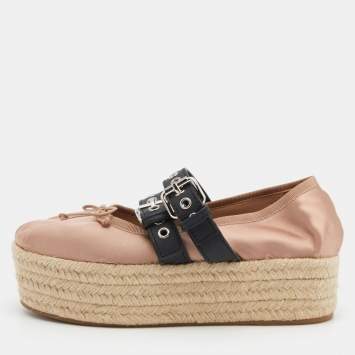 Pre Owned Miu Miu Old Rose/Black Satin Double Buckle Platform Espadrille Flats Size 35.5