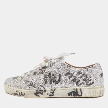 Pre Owned Miu Miu Silver Coarse Glitter Logo Print Low Top Sneakers Size 40