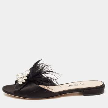 Pre Owned Miu Miu Black Faux Fur and Satin Crystal Embellished Flat Slides Size 38