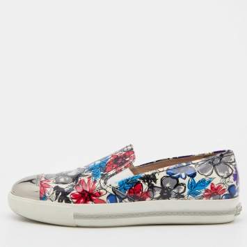 Pre Owned Miu Miu Multicolor Printed Patent Leather Metal Cap Toe Slip On Sneakers Size 38