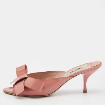 Pre Owned Miu Miu Pink Patent Leather Bow Slide Sandals Size 40