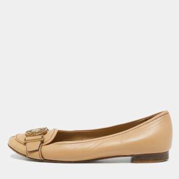 Pre Owned Miu Miu Beige Leather Logo Detail Ballet Flats Size 36