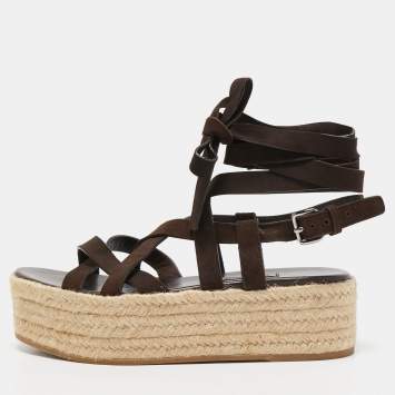 Pre Owned Miu Miu Dark Brown Suede Strappy Espadrille Platform Sandals Size 36