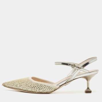 Pre Owned Miu Miu White/Silver Leather and Glitter Slingback Pointed Toe Pumps Size 38