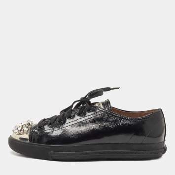 Pre Owned Miu Miu Black Patent Leather Crystal Embellished Cap Toe Low Top Sneakers Size 38.5