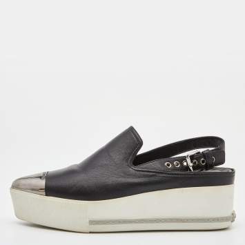 Pre Owned Miu Miu Black Leather Platform Slingback Sneakers Size 39