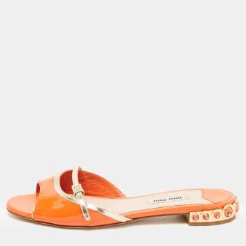 Pre Owned Miu Miu Orange/Gold Patent Leather Crystal Stud Flat Slides Size 36