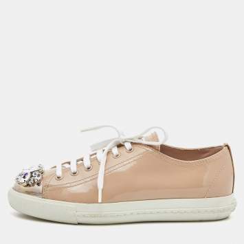 Pre Owned Miu Miu Beige Leather Crystal Embellished Cap Toe Sneakers  Size 37.5