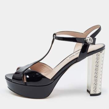 Pre Owned Miu Miu Black Patent Leather Crystal Embellished Ankle Strap Sandals Size 38