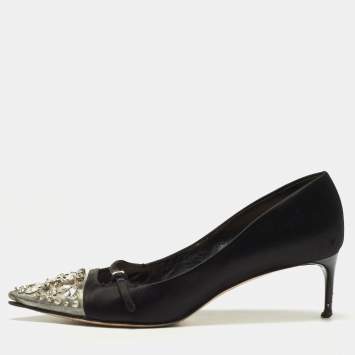 Pre Owned Miu Miu Black Satin and Crystal Embellished PVC Pointed Toe Pumps Size 38