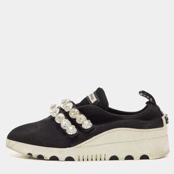 Pre Owned Miu Miu Black Knit Fabric Crystal Embellished Slip On Sneakers Size 38