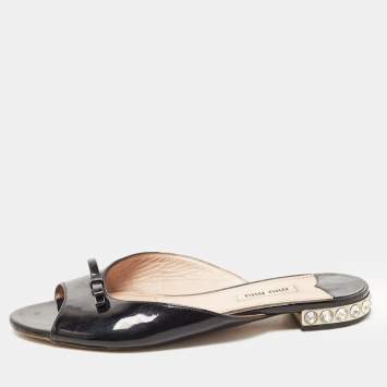 Pre Owned Miu Miu Black Patent Leather Bow Crystal Embellished Flat Slides Size 37