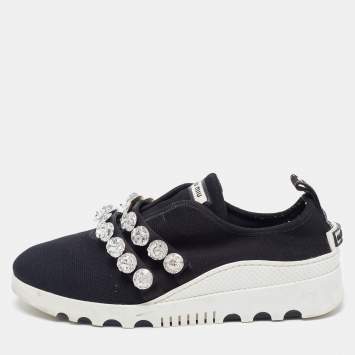 Pre Owned Miu Miu Black Knit Fabric  Double Band Crystal Sneakers Size 40