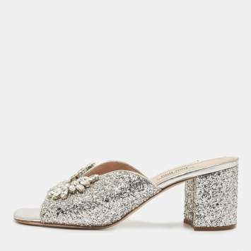 Pre Owned Miu Miu Silver Coarse Glitter Crystal Embellished Mules Size 40
