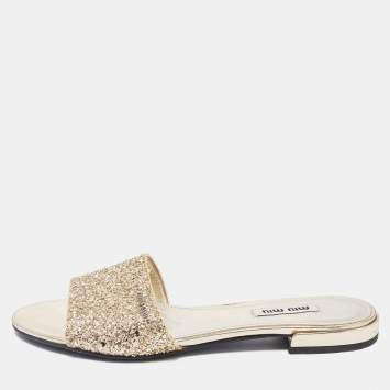 Pre Owned Miu Miu Gold Coarse Glitter Flat Slides Size 35