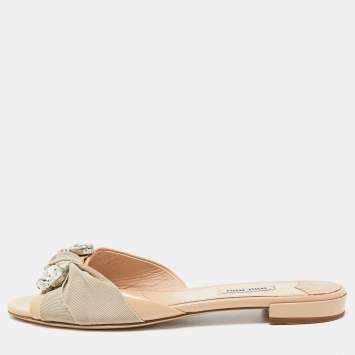 Pre Owned Miu Miu Two Tone Patent Leather and Knotted Canvas Crystal Embellished Flat Slides Size 39.5