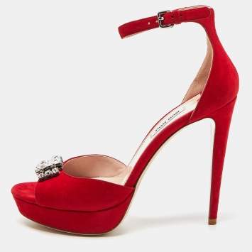Pre Owned Miu Miu Red Suede Crystal Embellished Ankle Strap  Sandals Size 39