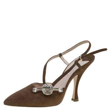 مملوكة مسبقًا Miu Miu Brown Suede Jewel Embellished Strappy Sandals Size 39