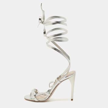 Pre Owned Miu Miu Silver Leather Ankle Wrap Sandals Size 36